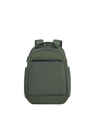 Zaino Samsonite verde scuro con spallacci imbottiti, tasca frontale e scomparti doppi con cerniera, mostrato su sfondo bianco.