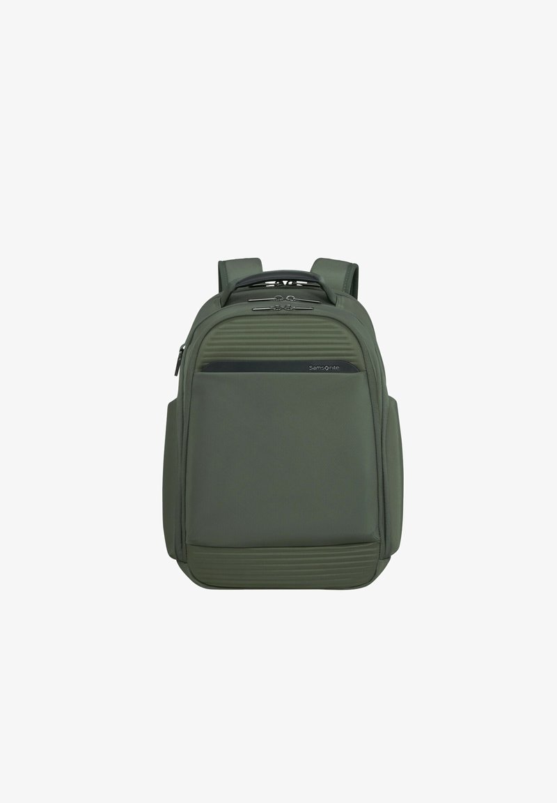 Zaino Samsonite verde scuro con spallacci imbottiti, tasca frontale e scomparti doppi con cerniera, mostrato su sfondo bianco.