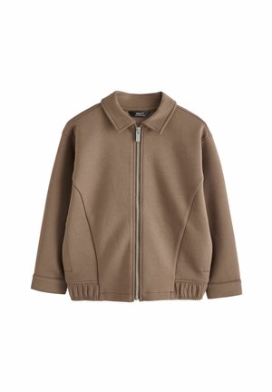 Braune Jacke mit Reißverschluss, Kragen, elastischen Bündchen und Seitentaschen, gefertigt aus einem glatten, strukturierten Stoff.