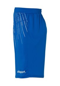 Shorts de sport bleus avec une taille élastique, présentant des accents de rayures diagonales blanches sur un côté et le logo de la marque près de l'ourlet.