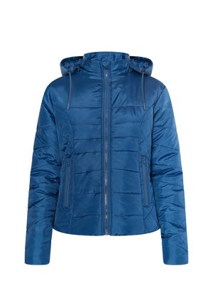 Sininen, pehmustettu takki, jossa on vetoketjukiinnitys, huppu ja kaksi sivutaskua. Materiaalina on sileä, kiiltävä kangas ja siinä on vaakasuora tikkauskuvio.