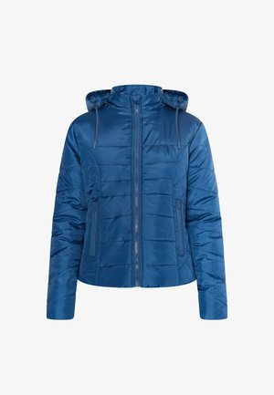 Niebieska, ocieplana kurtka zapinana na zamek z kapturem i dwoma bocznymi kieszeniami. Charakteryzuje się gładkim, błyszczącym materiałem oraz poziomym pikowaniem.