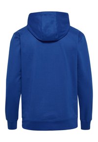 Blå bomullströja med huva, ribbade ärmslut och rak nederkant. Slät textur, minimalistisk design, inga synliga logotyper eller mönster.