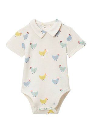 Body bébé crème à manches courtes et col, avec un motif de petits poussins jaunes et bleus, et des boutons-pression en bas.