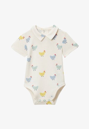 Body bébé crème à manches courtes et col, avec un motif de petits poussins jaunes et bleus, et des boutons-pression en bas.