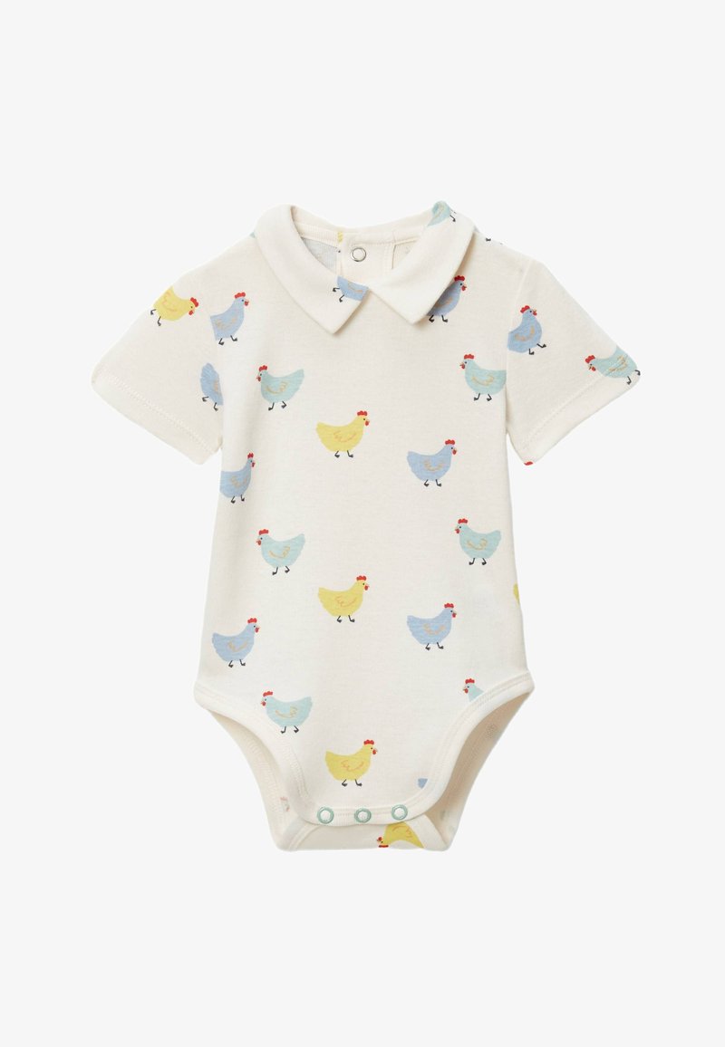 Body bébé crème à manches courtes et col, avec un motif de petits poussins jaunes et bleus, et des boutons-pression en bas.