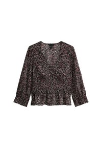 Bloemige wikkelblouse in donkermaroon met lange mouwen, gerimpelde zoom en een gedetailleerd patroon met roze en groene bloemen op een zwarte achtergrond.