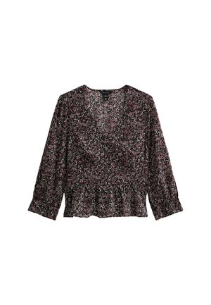 Floral wrap blouse in dark maroon with long sleeves, ruffled hem, and detailed pattern featuring pink and green flowers on a black background.