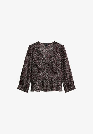 Blusa avvolgente floreale in un intenso bordeaux scuro con maniche lunghe, orlo arricciato e un motivo dettagliato con fiori rosa e verdi su uno sfondo nero.