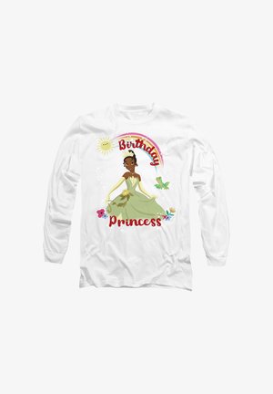 White long-sleeve shirt featuring a cartoon princess in a green gown, surrounded by flowers and the text "Birthday Princess" in red.