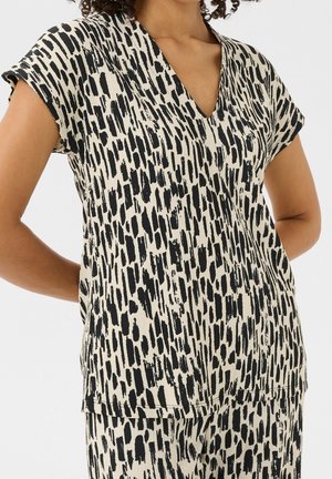 Top a maniche corte in tessuto leggero, con stampa astratta nera e beige, design a scollatura a V e vestibilità comoda.