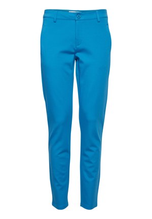 Kirkkaan siniset stretch-kankaiset housut, joissa on napitus etuosassa, vyölenkit ja slim fit -suunnittelu. Tasainen pinta koko matkalta.