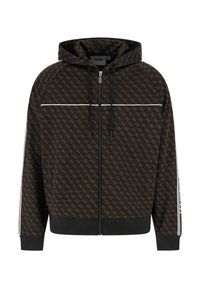 Bluza z kapturem zapinana na zamek w ciemnobrązowym materiale z powtarzającym się wzorem logo, białe paski akcentujące na rękawach oraz regulowany sznurek.