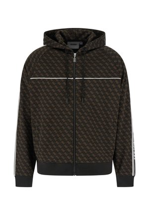 Capuchonvest met rits in donkerbruine stof met een herhalend logopatroon, witte accenten op de mouwen en een verstelbare trekkoord.