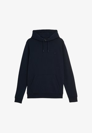 Donker marineblauwe hoodie met voorvak in kangoeroestijl, verstelbare capuchon met trekkoord en een klein geborduurd vogel-logo op de linkerborst.