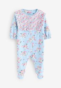 Sinine lilleline ülikond pikkade varrukatega, volangikaelusega ja ees nööpidega kinnitatav. Valmistatud pehmest kangast, millel on roosade ja valgete lillemustrid.