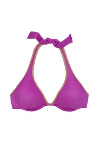 Rosa dreieckiger Bikini-Oberteil mit Halterhalsband, akzentuiert durch goldene Verzierungen entlang der Kanten. Glatte Textur, minimaler Polster.