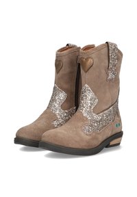 Botas de ante marrón hasta el tobillo con acentos brillantes de purpurina, un detalle en forma de estrella y parches en forma de corazón, con cierre lateral y un tacón bajo apilado.