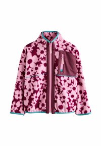 Fleece-Jacke mit einem floralen Muster in Pink und Burgunderrot, mit durchgehendem Reißverschluss, Stehkragen und einer linken Brusttasche in Burgunderrot mit türkisfarbenen Akzenten.