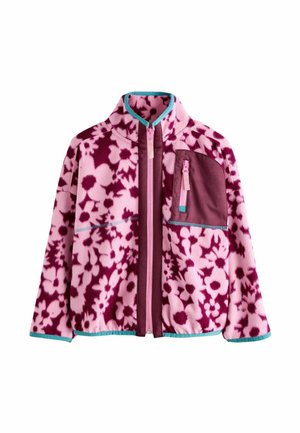 Fleece-Jacke mit einem floralen Muster in Pink und Burgunderrot, mit durchgehendem Reißverschluss, Stehkragen und einer linken Brusttasche in Burgunderrot mit türkisfarbenen Akzenten.