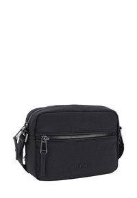 Borsa a tracolla in nylon nero con superficie liscia, dotata di tasca frontale con zip, tracolla regolabile e logo impresso sul lato.