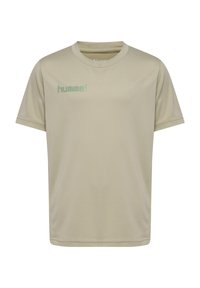 Beige t-shirt med korta ärmar i mjukt tyg, med rund halsringning och en diskret grön 'hummel'-logotyp framtill.
