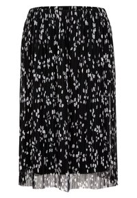 Černá plisovaná sukně s bílým květinovým vzorem, elastickým pasem a lehkým, vzdušným vzhledem. Délka sukně sahá do poloviny lýtek s jemnými detaily.
