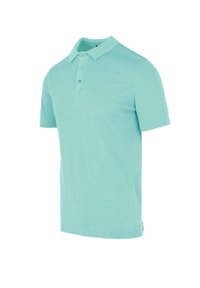 Katoenen polo shirt in licht aqua met korte mouwen, een drievoudige knoopsluiting, ribgebreide kraag en zoom. Soepele textuur, casual ontwerp.