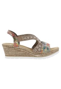 Sandalo con zeppa in upper taupe perforato con accenti colorati, suola in juta texture, cinturino regolabile e design a punta aperta.