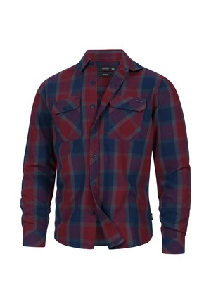 Camisa de cuadros roja y azul marino de manga larga con dos bolsillos en el pecho y cuello desplegable.