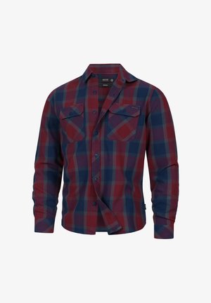 Langarm rood en marineblauw geruit overhemd met twee borstzakken en een gevouwen kraag.