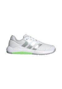 Chaussure de sport blanche Adidas avec des bandes argentées et un détail de semelle vert clair, vue de côté.
