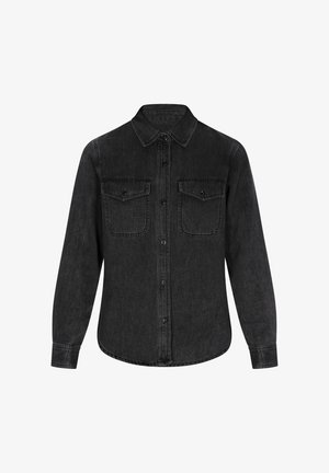 Zwarte denim shirt met een klassieke kraag, twee borstzakken, lange mouwen en knoopsluiting aan de voorkant. Gladde textuur, eenvoudig ontwerp.