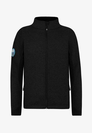 Black zip-up fleece jacket with textured fabric, high collar, side pockets, and a blue circular logo on the left arm.