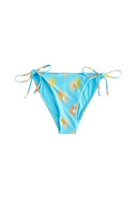 Mėlynas bikinio apatinis trikotažas, pagamintas iš elastingos medžiagos, su oranžiniais saulės raštais, reguliuojamomis šoninėmis juostomis su spalvingais karoliukais ir vidutinio dengimo dizainu.