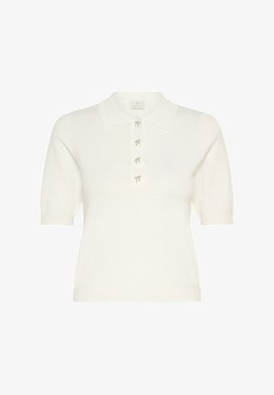 Fehér rövid ujjú kötött galléros póló négy kis, csokornyakkendő formájú díszgombbal az elején, a gombsoron.