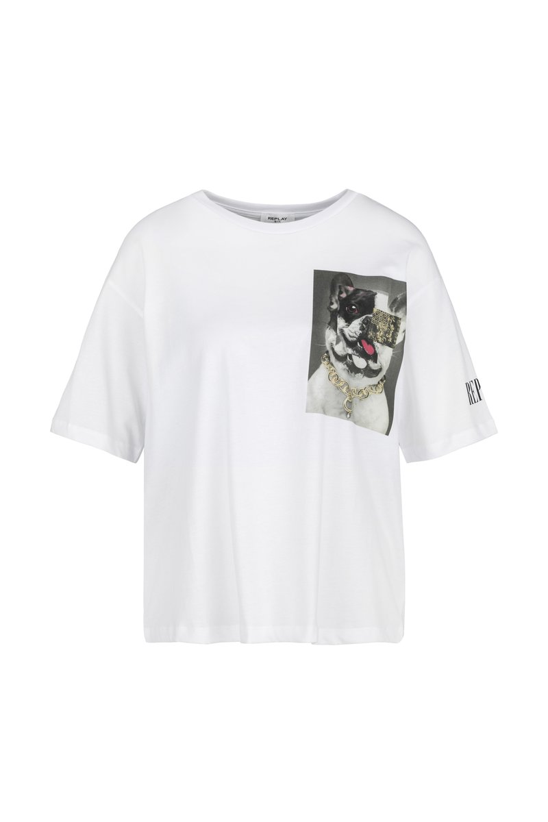 Weißes Baumwoll-T-Shirt mit kurzen Ärmeln, ausgestattet mit einem Grafikdruck eines Hundes mit einer goldenen Kette auf der linken Brust und "REPLAY" auf dem Ärmel gedruckt.