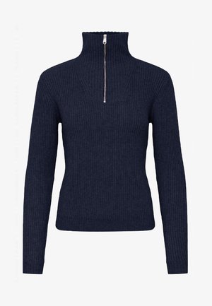 Granatowy sweter z dzianiny z wysokim kołnierzem i ćwierć zamkiem. Posiada fakturowany wzór oraz długie rękawy, wykonany z miękkiego, ciepłego materiału.