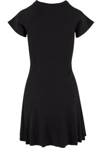 Robe noire avec des manches courtes et évasées, corsage ajusté et jupe évasée. Fabriquée en tissu côtelé avec une texture lisse, sans motifs ni accents visibles.