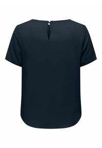 Námořnická modrá blůza s krátkým rukávem, kulatým výstřihem a klíčovou dírkou na zadní straně. Hladká tkanina s mírně texturovaným povrchem.