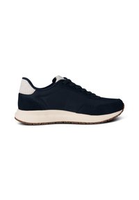Navyblaue Sneaker aus glattem Material mit texturiertem, hellem Fersenbereich, ausgestattet mit einer gepolsterten Sohle und Schnürdesign. Gummilaufsohle sichtbar.