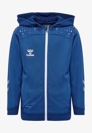 Veste de sport bleue zippée avec capuche, fermeture éclair blanche, chevrons réfléchissants sur les manches et logo de colibri sur la poitrine.