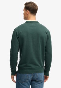 Sweat-shirt vert foncé à manches longues avec poignets et ourlet côtelés. Présente un col ras-du-cou classique et un tissu texturé. Vue de dos.