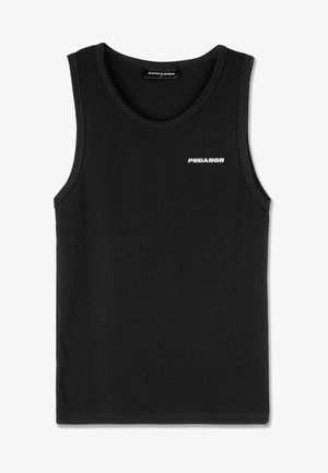 Schwarzes, ärmelloses, geripptes Tanktop mit kleinem weißem "PEGADOR"-Logo auf der linken Brust und rundem Ausschnitt.