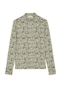 Camicia a maniche lunghe verde con un motivo astratto bianco, colletto e chiusura frontale con bottoni. Texture liscia con silhouette aderente.