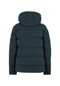 Giubbotto imbottito di un verde teal scuro con cappuccio, design trapuntato e cuciture visibili. Il tessuto appare morbido con una finitura opaca.