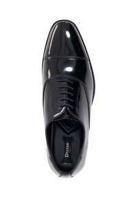 Black patent leather dress shoe with a pointed toe, lace-up design, and stitched accents along the vamp and top. Smooth, glossy finish.
