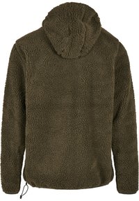 Fleece tipo džemperis, alyvuogių spalvos, tekstūruota išorė, minkštas, su gobtuvu, ilgomis rankovėmis, su reguliuojamu apatiniu kraštu, be matomų užsegimų ar raštų.