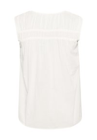White cotton top with a rounded neckline, short sleeves, and gathered detailing at the shoulders, featuring a relaxed fit and no visible patterns.