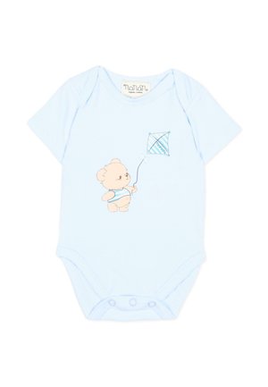 Body azzurro chiaro per neonati con un piccolo orsetto che tiene un aquilone a righe blu stampato sul petto.